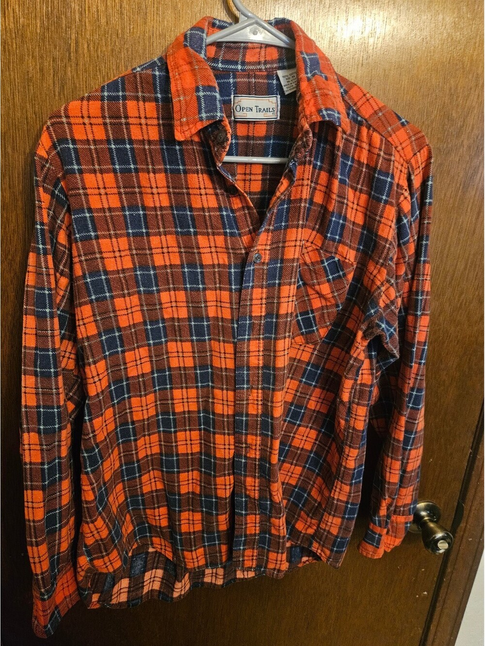 Open Trails Men's Orange and Black Plaid Flannel Shirt, Size Medium